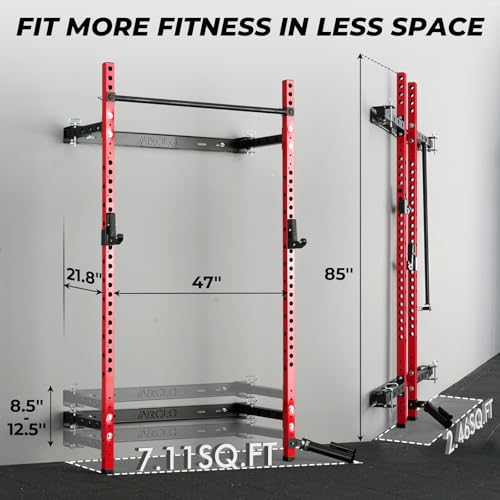Red Folding Wall Mounted Squat Rack - Space-Saving Power Rack with Pull-Up Bar and Safety Catches