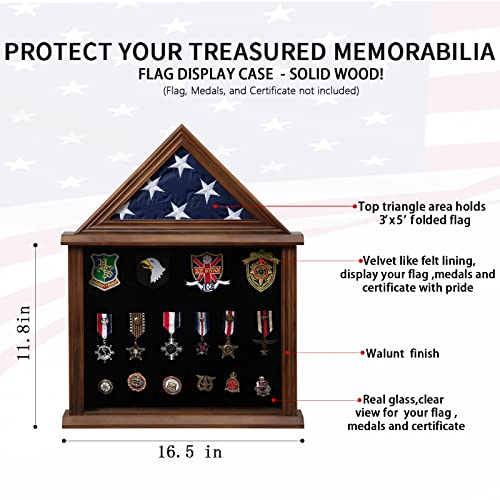 Small Walnut Military Flag Shadow Box 3x5 with Felt Lining & Certificates
