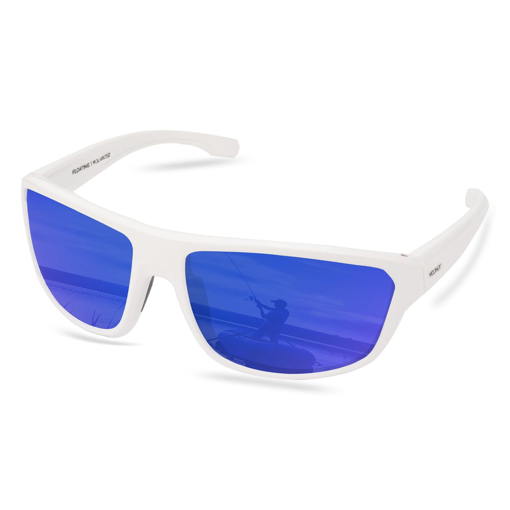 YOJHN Floating Polarized Sunglasses for Men Women UV400 Fishing Sunglasses See Fish in Water Kayaking Boating Sports Glasses (White Frame Smoke Base Blue Revo)