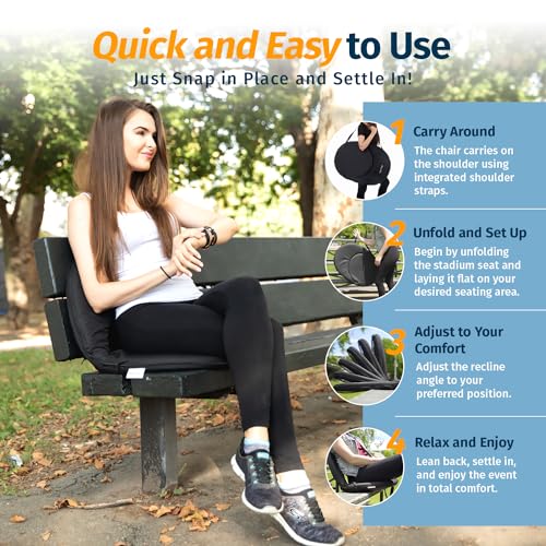 Alpcour Black Folding Stadium Seat with 6-Position Recline & Extra Padding