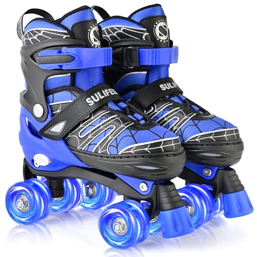 SULIFEEL Kids Adjustable Light-Up Roller Skates - Web Pattern, B Spider Blue, Medium