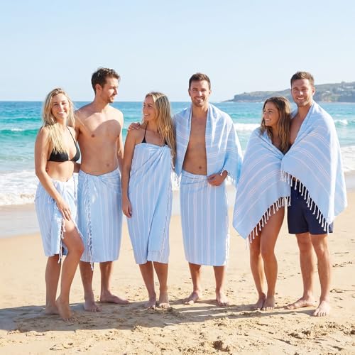 HunnmingRe 12-Pack Turkish Beach Towels Set 71x36 Sky Blue Wedding Favors