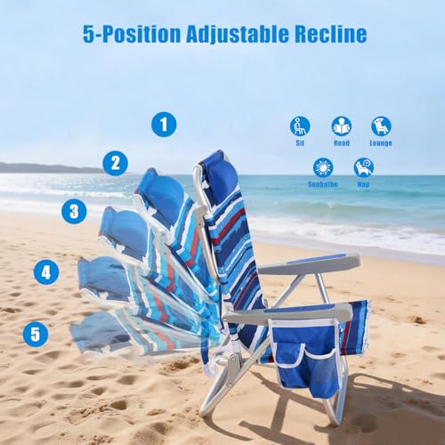 Blue Stripes 2-Pack Sunnyfeel Low Beach Chairs with Cooler & Cup Holder, 5-Position Reclining, Portable Folding Camping Chairs Support 350 lbs