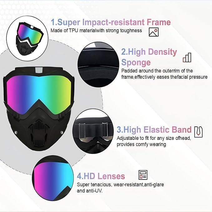 Skiennix Motorcycle Helmet Goggles - Windproof, Dustproof, UV Protection | 2 Set with Removable Face Mask