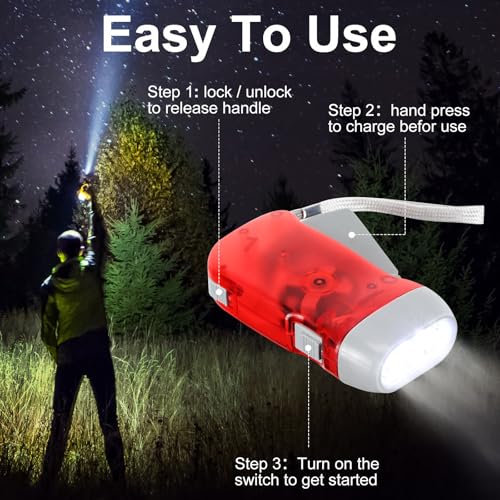 48 LED Hand Crank Flashlights - Portable Emergency Squeeze Light Set (Red, Blue, Yellow, Gray)