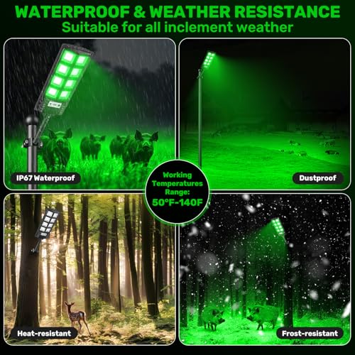 Solar Hog Lights for Night Hunting - 12000LM Green Outdoor Light with Remote, Waterproof Motion Sensor, 4-Pack