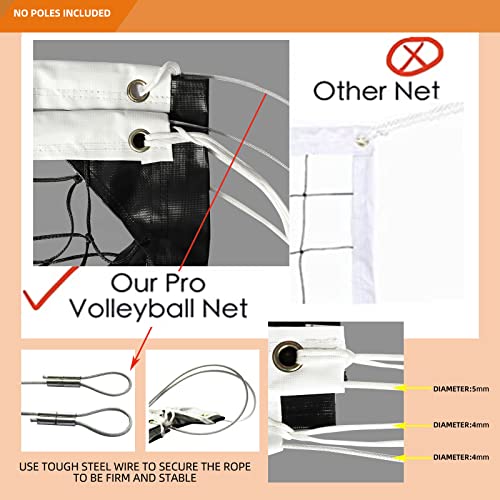 Heavy Duty Volleyball Net 32x3 FT with Steel Cables & Reinforced Dowels - Black & White