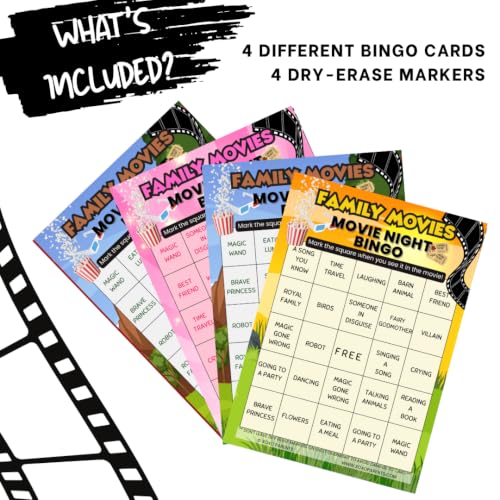 Family Movie Night Bingo Cards Set - Reusable Game Supplies, 4-Pack - Family