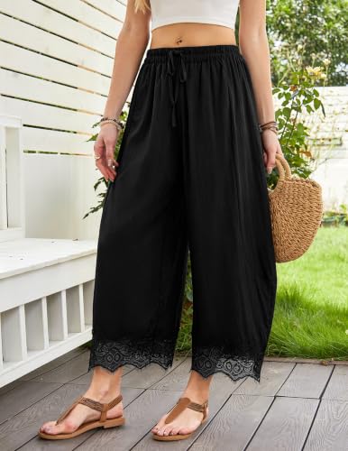 X-Large Lace Cropped Pants for Women Summer Casual Wide Leg Beach Trousers Black