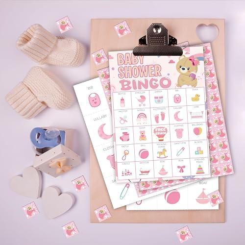 Baby Shower Bingo Game Cards Set Pink Teddy - Family & Party Activity