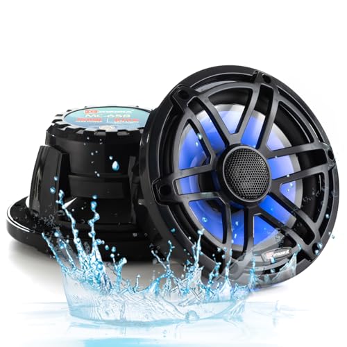 H YANKA Black Marine 6.5-Inch Speakers with 750W Power, IP67 Waterproof, Blue LED Pair