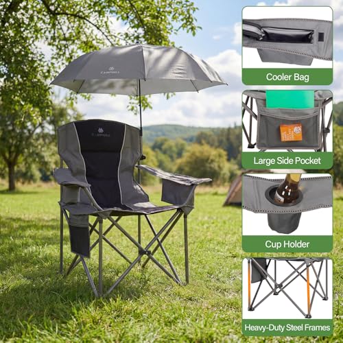 Black 2 Pack Oversized Camping Chairs with Adjustable Umbrellas and Padded Backrest