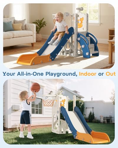 BIERUM 6-in-1 Toddler Slide for Kids Indoor & Outdoor, Blue & Yellow
