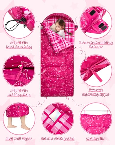 Kids Sleeping Bag RoseRed - 45°F Flannel Child Camping Bed for Ages 10-12
