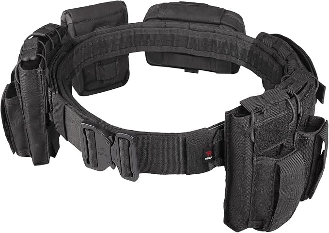 Tactical Battle Belt with Quick Release and Accessories Pouches - Black 7-in-1 Belt for Men