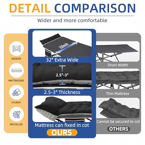 Black 32-Inch Extra Wide Camping Cot with Mattress - Heavy Duty Adult Sleeping Bed