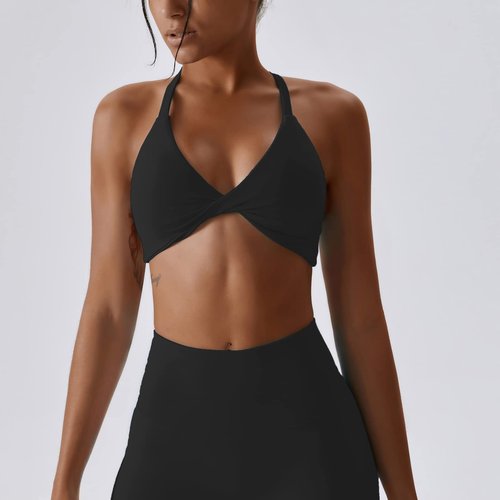 ABOCIW Workout Sets for Women V-Neck Twist Front Strappy Criss-Cross Back Sport Bra Tummy Conrol High Waist Leggings 2 Piece Exercise Gym Yoga Outfit Black Small