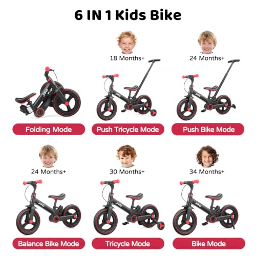 Black 12-Inch Foldable 6-in-1 Toddler Bike with Push Handle & Training Wheels