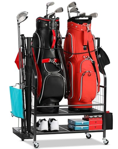 Black Golf Bag Storage Organizer Stand for 2 Bags with Wheels