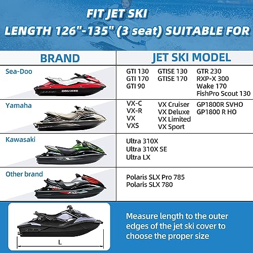 Jet Ski Cover Waterproof UV Resistant Trailerable 126-135 Inch 3 Seater - Black - Fade & Crack Resistant
