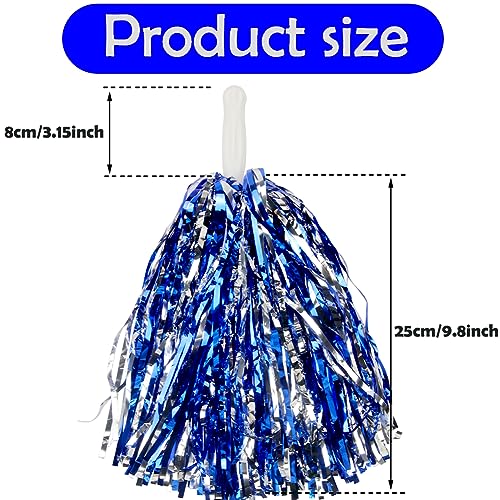 Cheerleading Pom Poms Set Blue and Silver 12 Pieces Metallic Foil with Handles