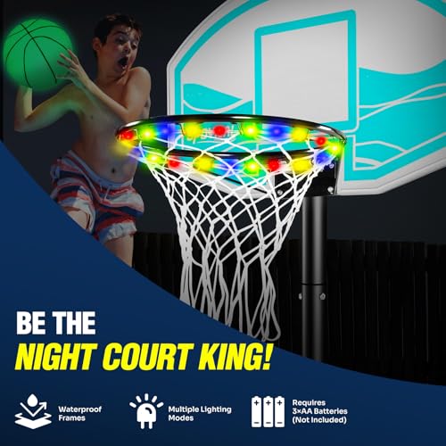 Adjustable Pool Basketball Hoop with LED Light, 2 Balls & Pump, Portable