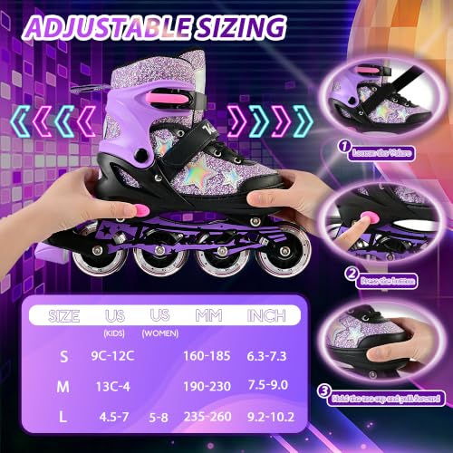Kuxuan Adjustable Kids Inline Skates for Girls & Women - Purple Star, Large Youth 4.5-7 US