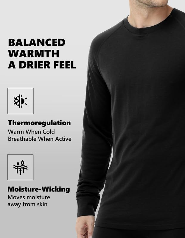 Woolcano Men's Merino Wool Base Layer Set Small Black - Lightweight Ski Base Layer