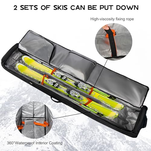 Purple Ski Bag for Air Travel, Waterproof & Padded Fits 2 Pairs Skis - 190cm