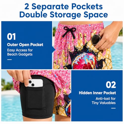Idgreatim Boys Swim Trunks with Compression Liner - Pink Ice Cream Drip Football, 10-13 Years