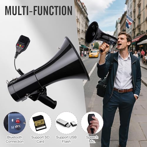 Black 50W Bluetooth Megaphone with Rechargeable Battery, Siren, Recording & 1600ft Range