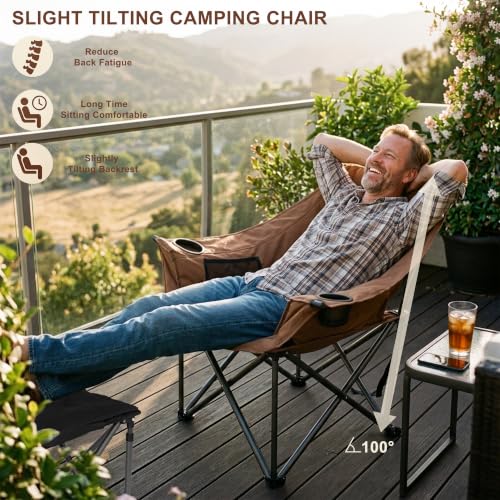 Brown Oversized Heavy Duty Camping Chair for Adults Folding Lawn Seat - 500 lbs Support