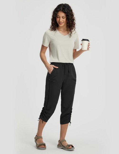 baleaf Women's Capri Pants with Zipper Pockets Lightweight Quick Dry Water Resistant Hiking Travel Capris Pants Elastic Waist Summer Black XL