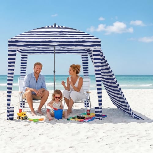 Dark Blue Stripes Beach Tent 6.5x6.5 ft Canopy Sun Shelter with Side Wall