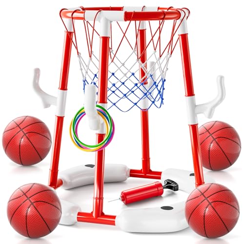 Red Pool Basketball Hoop Toys for Kids and Adults - 2-in-1 Floating Water Game Set with Rings & Balls
