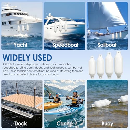 Boat Bumpers Fenders 6.5 x 23 Inches White - Marine Docking Protection Kit with Ropes & Pump