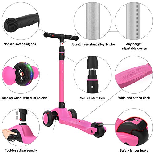 Allek Kick Scooter B03 for Kids - Rose Pink, Adjustable Handlebar, Light-Up Wheels