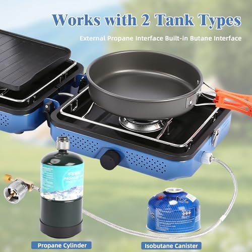 Hisencn Sky Blue Double Burner Camping Stove with Windscreen & Accessories