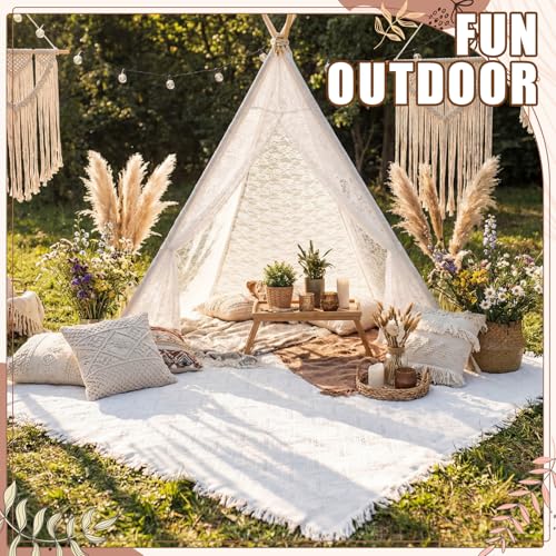 Beeveer White 47"x51" Lace Teepee Tent & Extra Large Boho Picnic Blanket 91"x72"