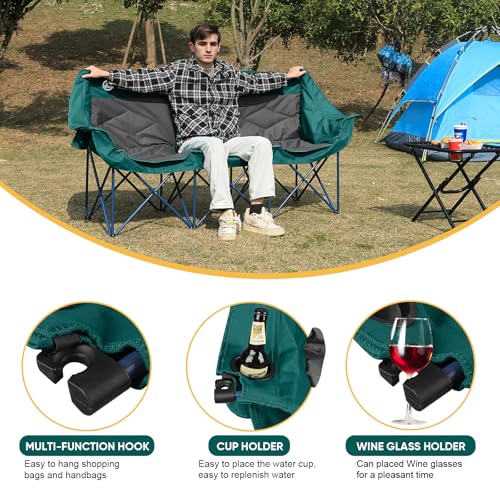 Northroad Oversized 3-Person Camping Loveseat Chair Dark Green & Grey - Heavy Duty Foldable Outdoor Seating with Cup & Wine Glass Holders