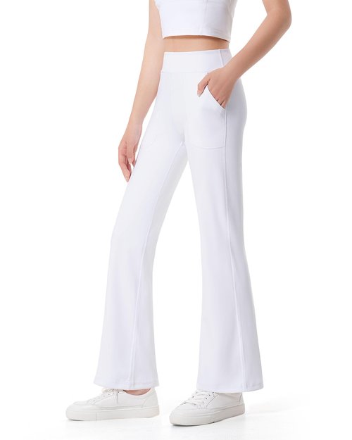 JOCMIC Girls Fleece Lined Flare Leggings High Waist Bell Bottoms Yoga Pants for Kids Girls Athletic Leggings with Pockets White 9-10 Years