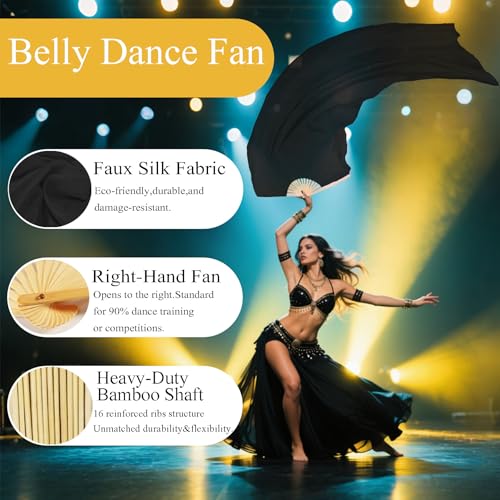 Women Belly Dance Fan for Beginners - Vertical Rainbow Faux Silk Fan 180x90cm Right Hand Only Flowing Veil for Practice & Performance