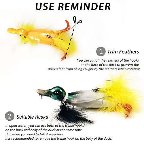 2 Pcs Baby Duck Fishing Lures - Topwater Bass, Pike & Walleye Baits - Yellow & Green