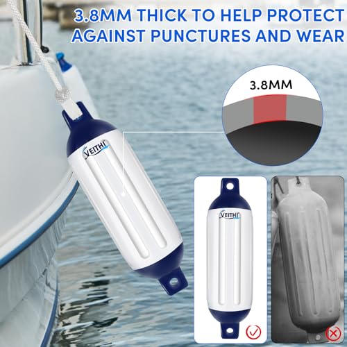 6.5 x 23 Inch Boat Fenders Set - White & Blue Vinyl Docking Bumpers with Ropes & Pump