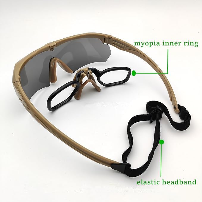 Skiennix Tactical Eyewear - Anti-Fog Shooting Glasses with 3 Interchangeable Lenses | Black & Khaki Frames