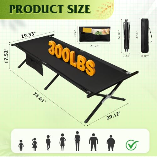 WLIVE Black Folding Camping Cot for Adults, Supports 300 lb, Easy Setup & Portable