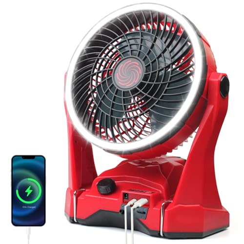 Yudara Red Battery Operated Camping Fan for Milwaukee M18 with LED Light & Hanging Hook