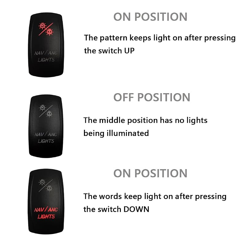 12V 7-Pin Red LED Boat Nav/Anc Lights Switch with Wires - ON-OFF-ON DPDT IP66 Variation nav/anc lights