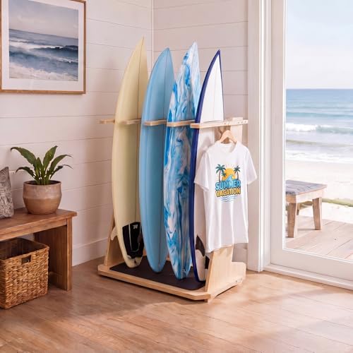 Leinuosen 4-Board Surfboard Rack Stand - Vertical Wood Storage for Longboards & Shortboards