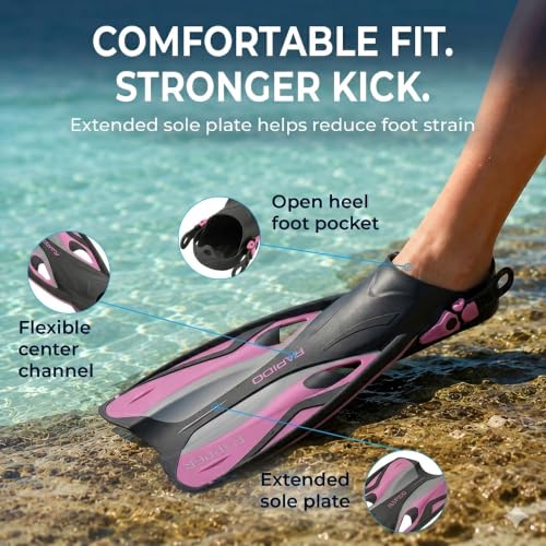 Pink Adjustable Open Heel Snorkel Fins for Men & Women - S/M (EU 38-42) with Carry Bag